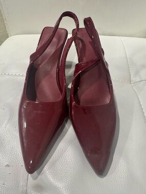 Patent Burgundy Slingback Pointed-Toe Mules